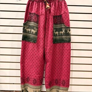 Festive Red Patterned Pants with Reindeer Pockets